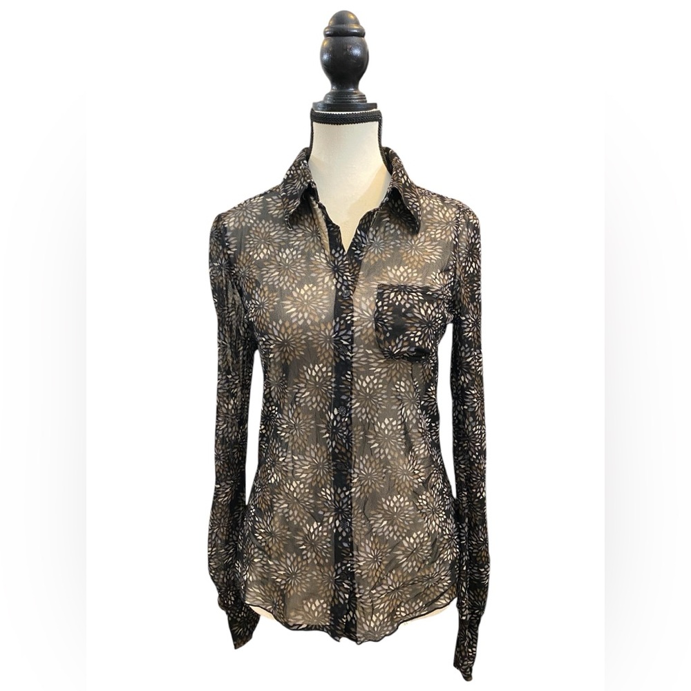 Mexx Sheer Mesh Floral Button-Up Top black, brown & tan Size M EUC whimsigoth - Picture 3 of 10